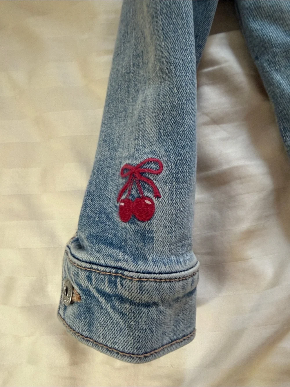 abercrombie kids Light Blue Denim Jean Jacket with Pink Embroidery